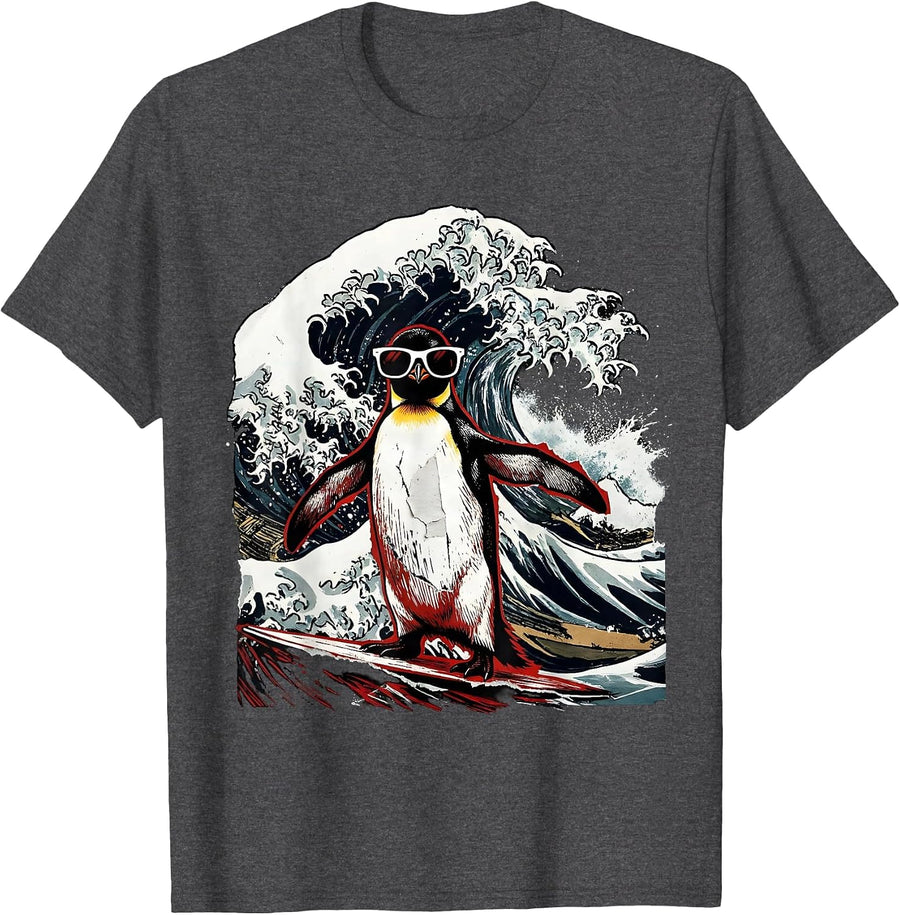 Men's Cool Penguin Surfer Riding Giant Wave Graphic T-Shirt - Dark Heather Grey