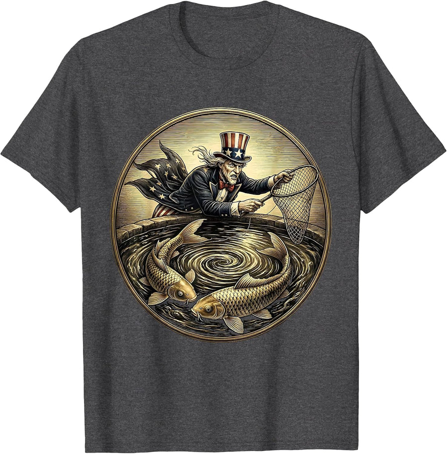 Red White and Blue Koi Fish Swirl Design T-Shirt - Dark Heather Grey