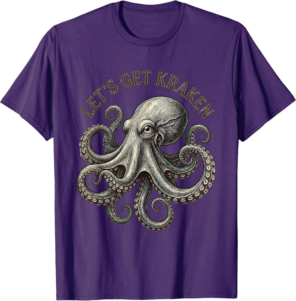 Men's Let's Get Kraken Crosshatch Octopus Etching Marine Biology T-Shirt - Purple