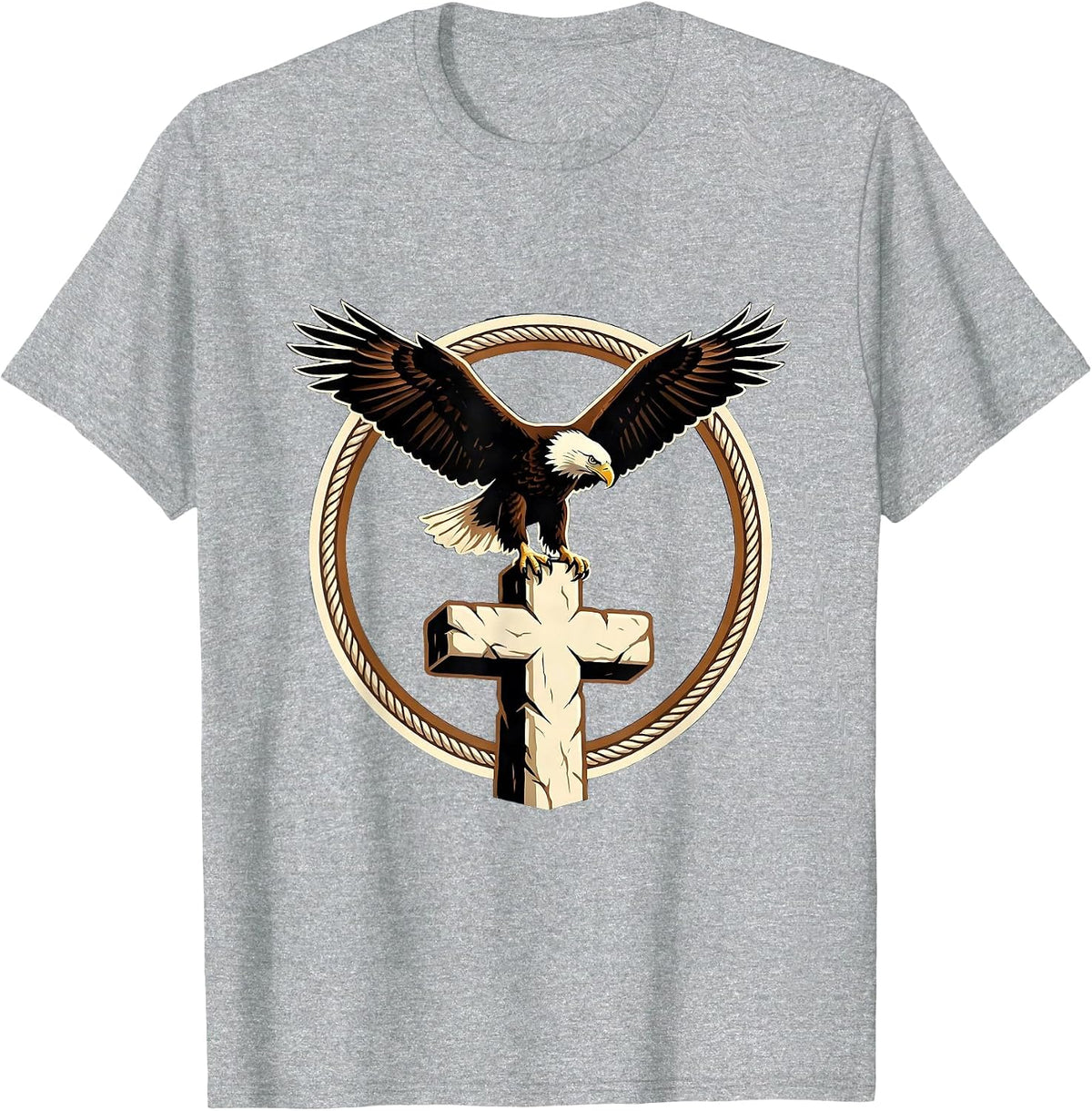 Men's Bald Eagle Perched on Stone Cross Christian Design T-Shirt - Heather Grey