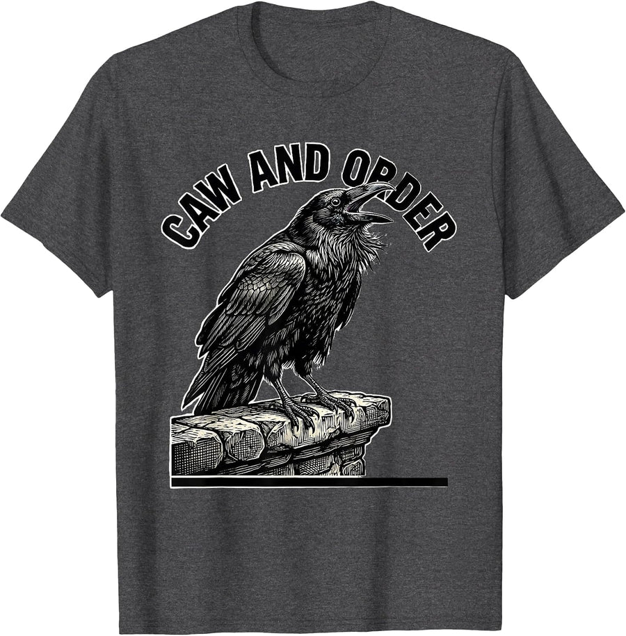 Men's Caw And Order Vintage Retro Gothic Crow Raven Dark Humor T-Shirt - Dark Heather Grey
