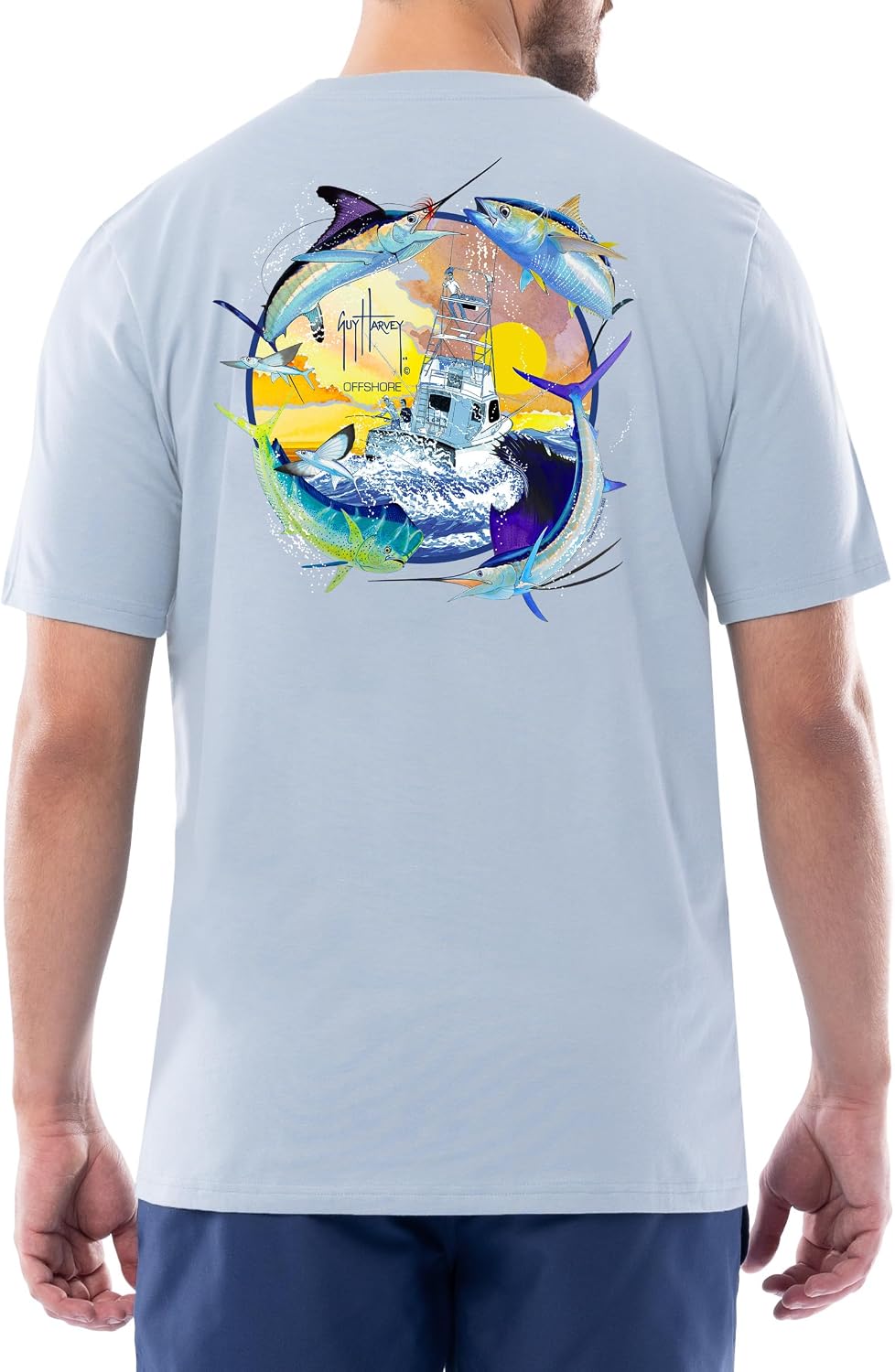 Guy Harvey Men’s Short Sleeve OG Cotton Graphic Pocket T-Shirt - Blue Fog\/Open Ocean
