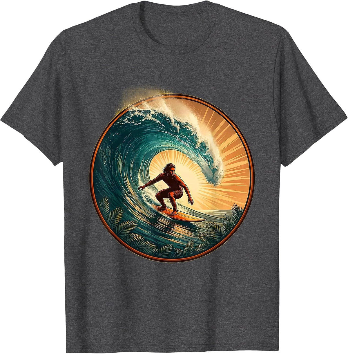Retro Surfer Riding Massive Curling Wave T-Shirt - Dark Heather Grey