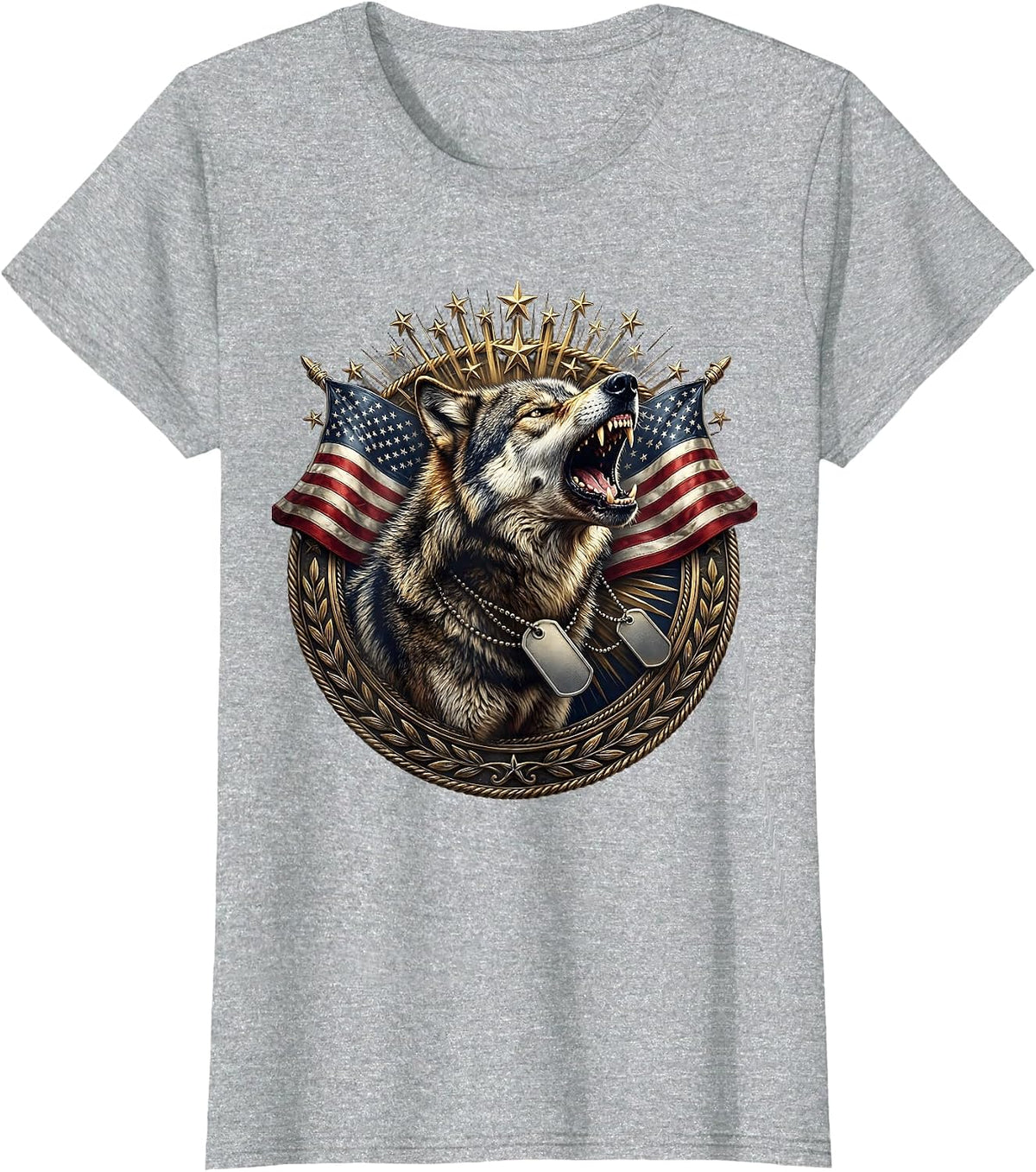 Wolf Howling Military Dog Tags Patriotic T-Shirt - Heather Grey