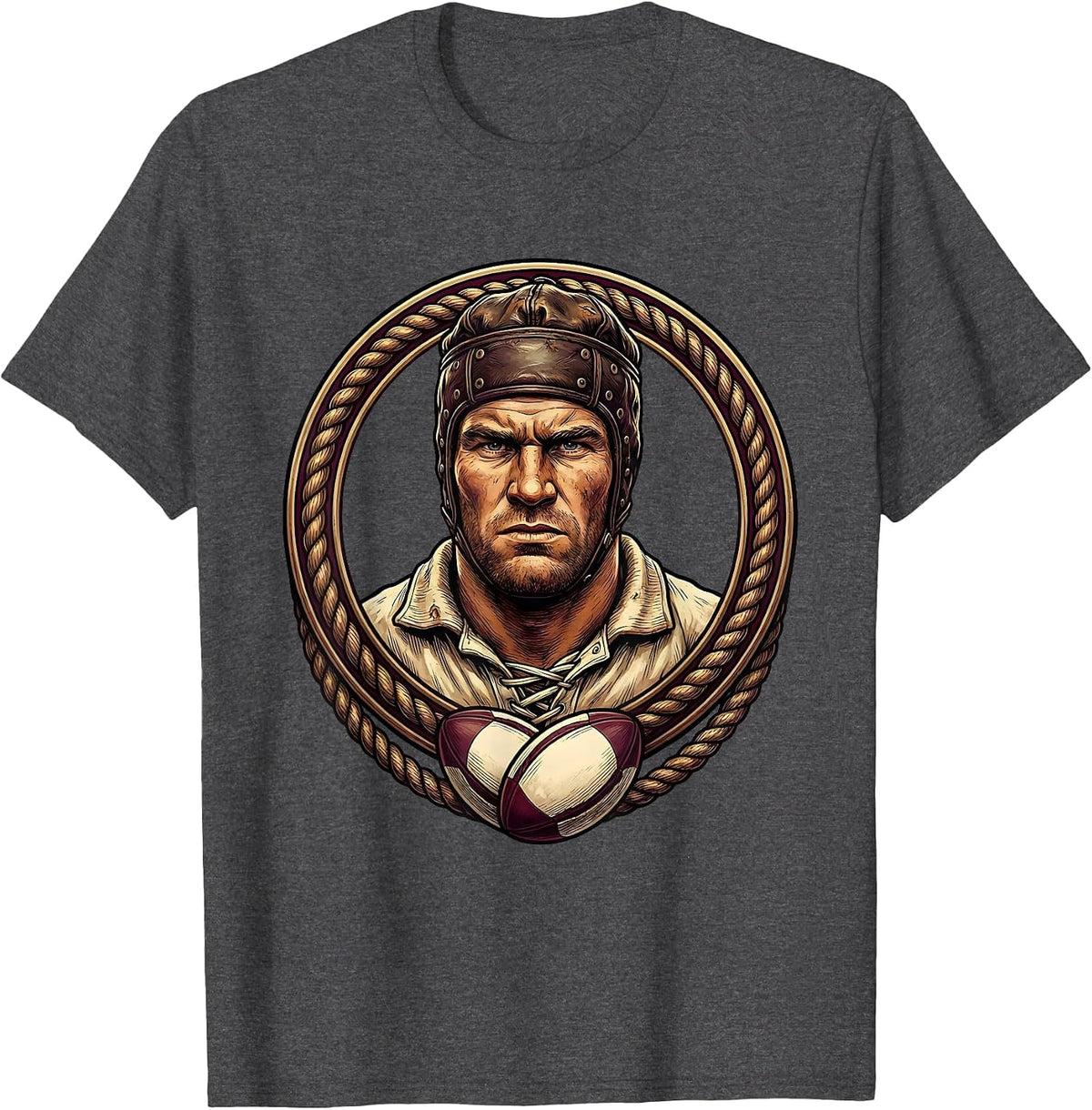 Vintage Rugby Player Old Leather Helmet Graphic T-Shirt - Dark Heather Grey
