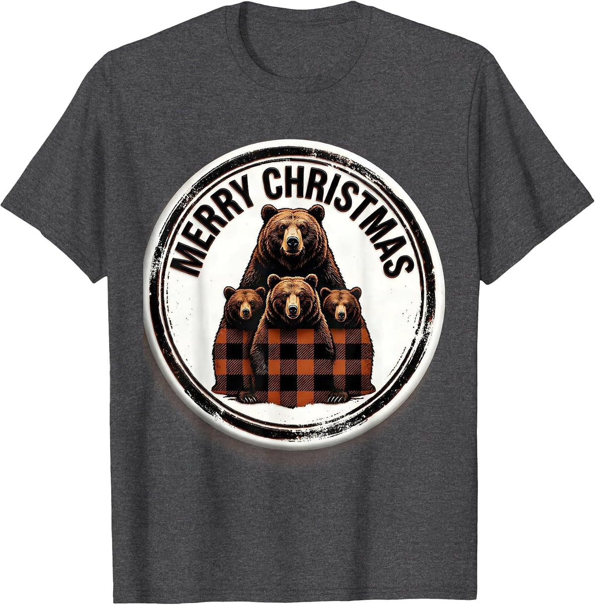 Merry Christmas Rubber Stamp Bear Family Buffalo Plaid T-Shirt - Dark Heather Grey