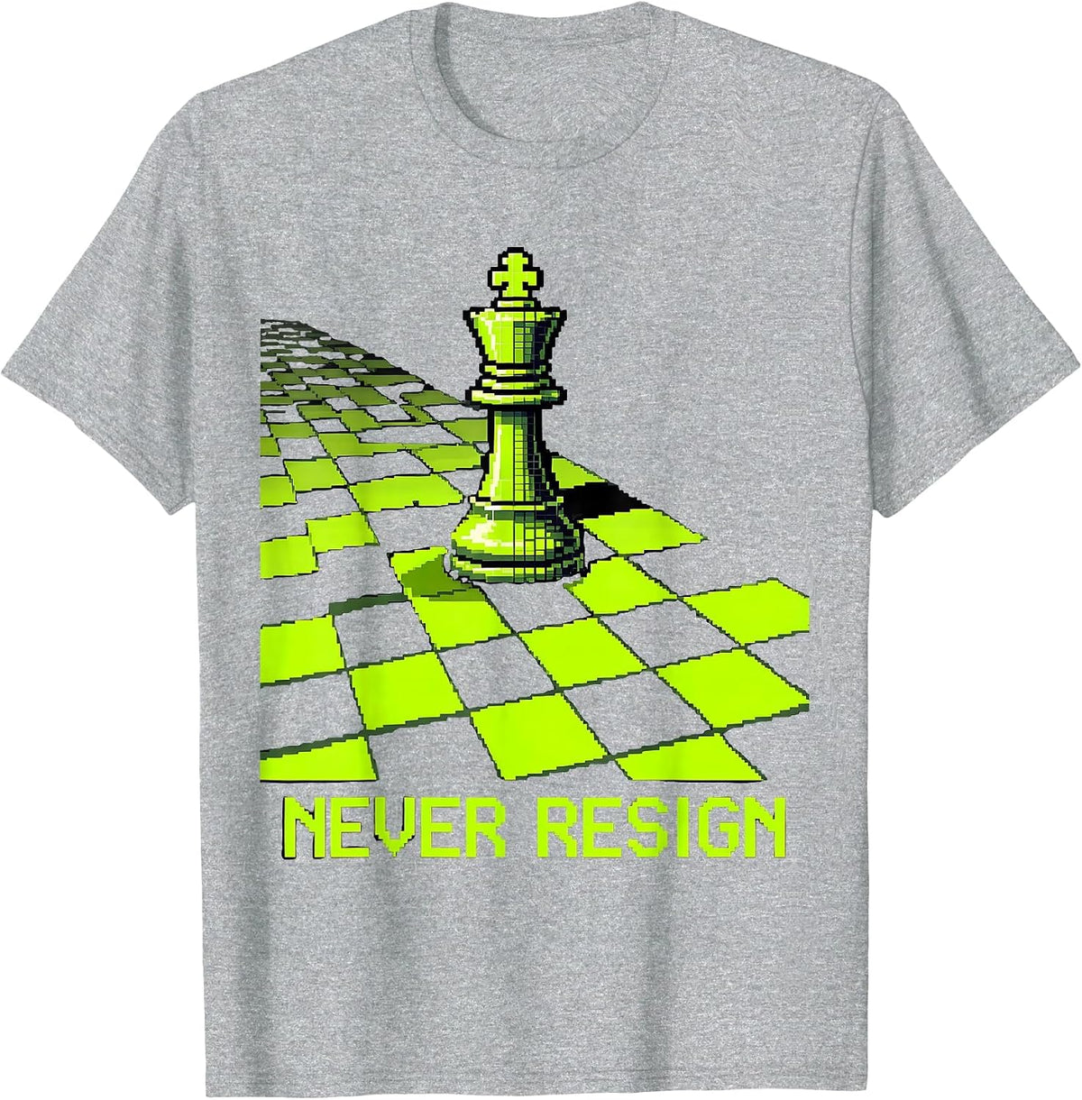 Men's Never Resign Pixel Art Chess Player Strategic Wit Humor T-Shirt - Heather Grey