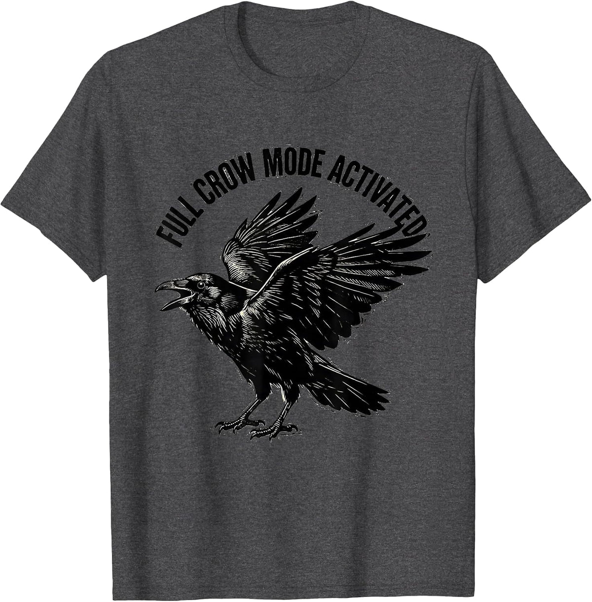 Men's Full Crow Mode Activated Funny Bird Design T-Shirt - Dark Heather Grey