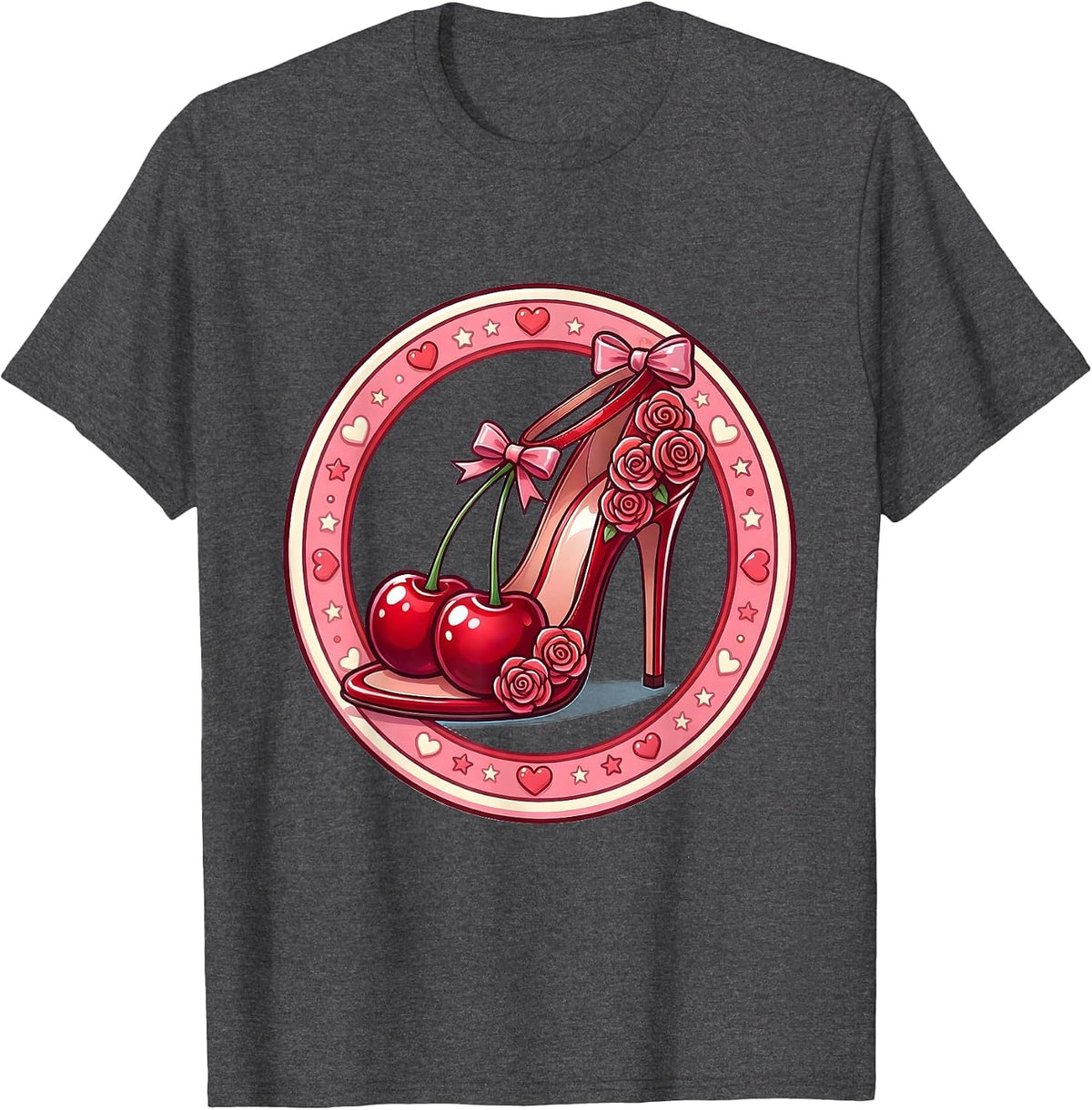 Gigi High Heel Rose Floral Illustration T-Shirt - Dark Heather Grey