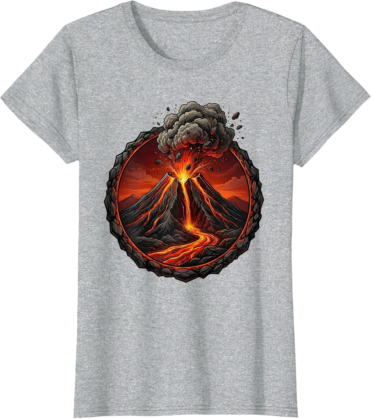 Erupting Volcano Lava Stream Graphic Design T-Shirt - Heather Grey