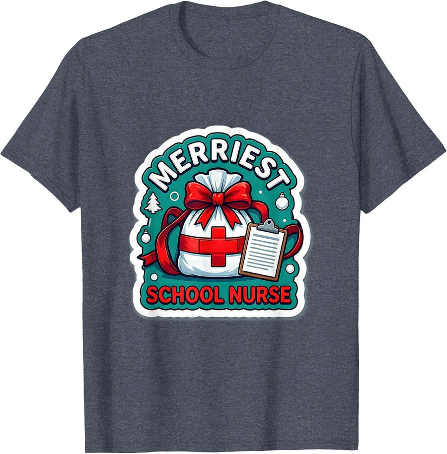 Merriest School Nurse Funny Teacher Christmas Humor T-Shirt - Heather Blue