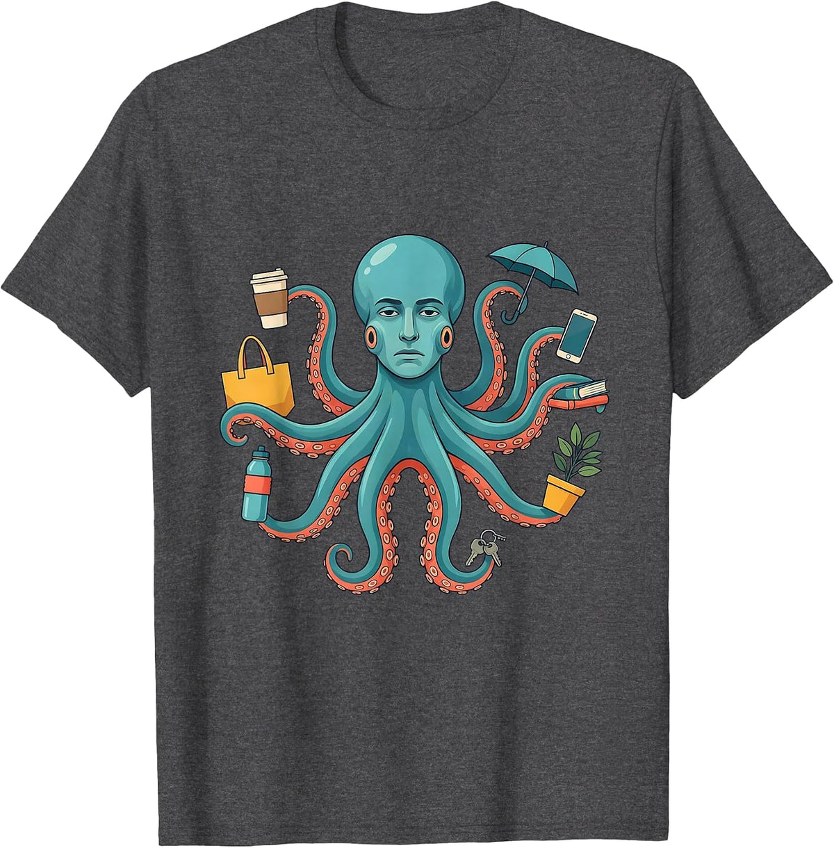 Men's Octopus Human Hybrid Flat Vector Marine Life Lover T-Shirt - Dark Heather Grey