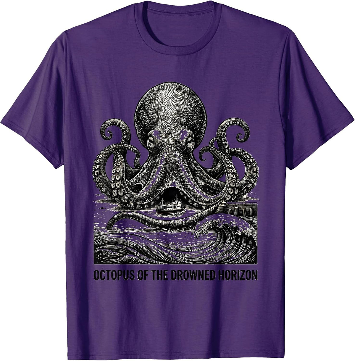 Octopus of the Drowned Horizon Monochromatic Ocean Animal T-Shirt - Purple