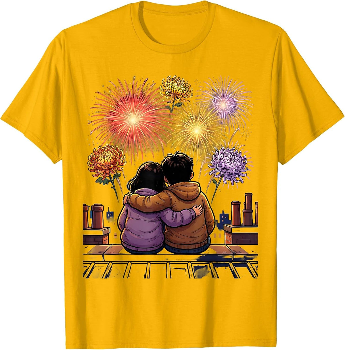 Rooftop Fireworks Couple Romantic Love Design T-Shirt - Golden Yellow