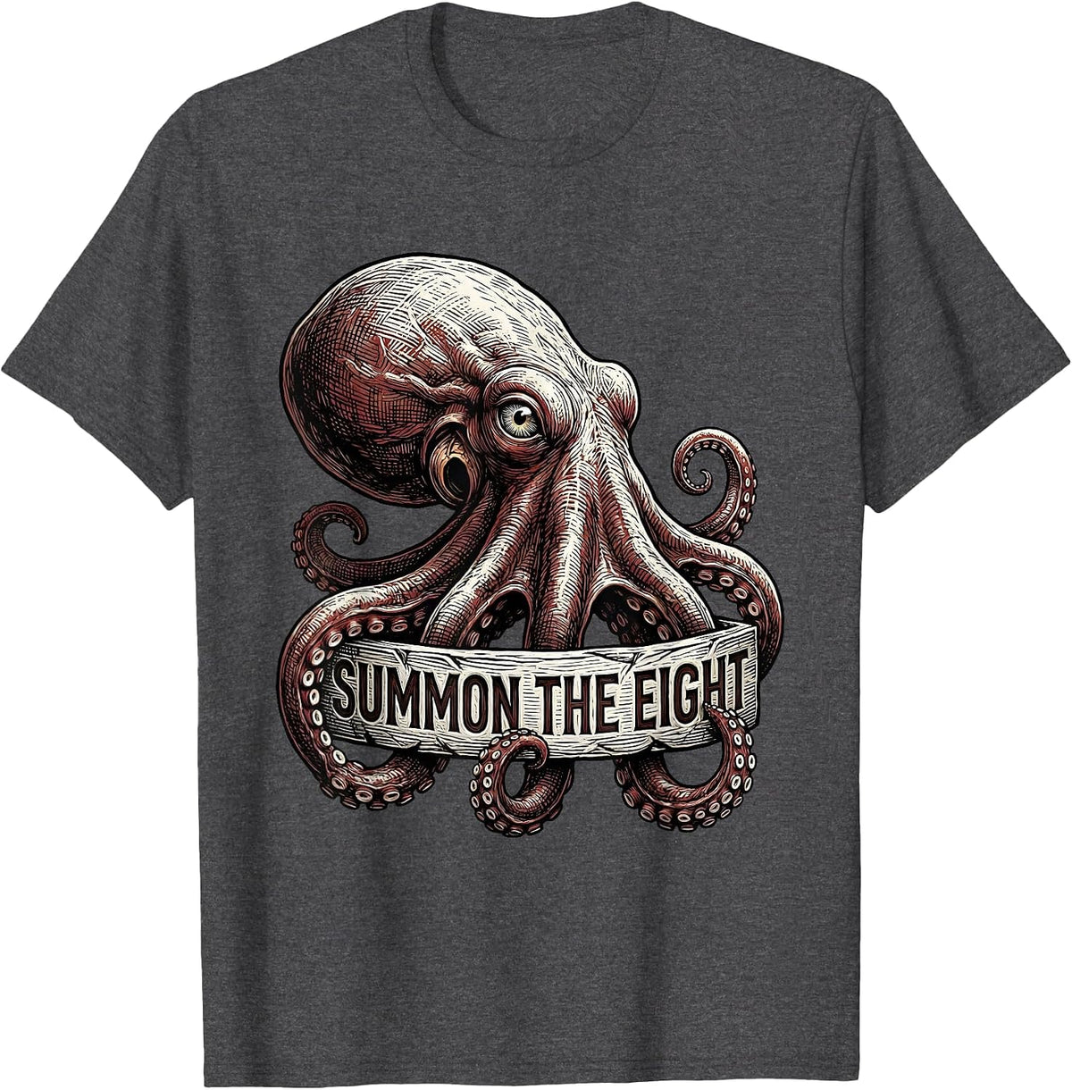 Summon The Eight Woodcut Octopus Sea Creature Illustration T-Shirt - Dark Heather Grey