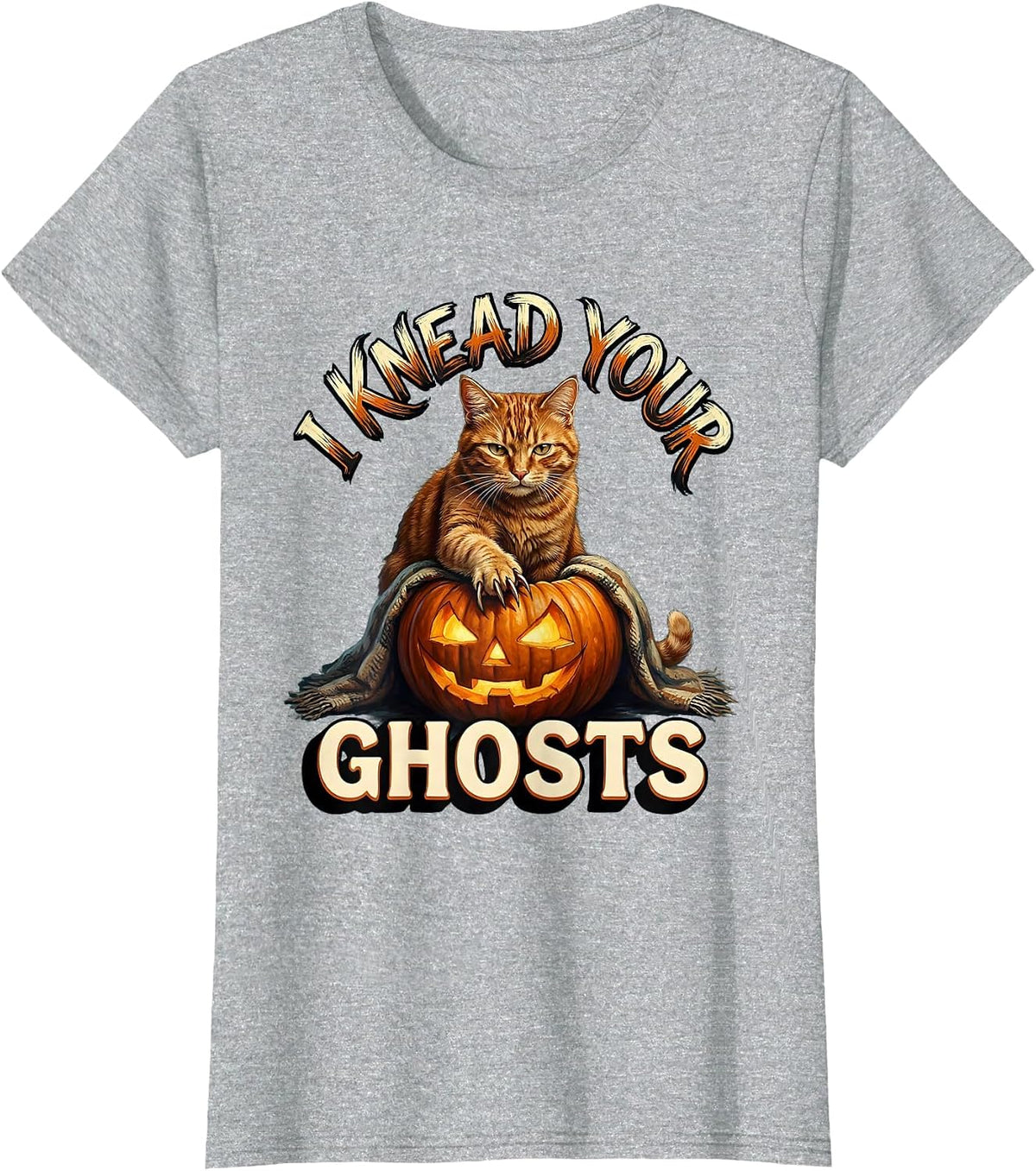 Women's I Knead Your Ghosts Cute Halloween Cat Pumpkin Sign Painter T-Shirt - Heather Grey