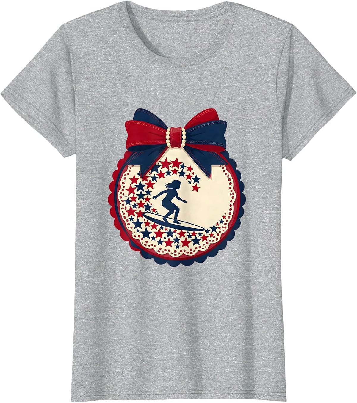 Patriotic Girl Surfing Wave of Stars Graphic T-Shirt - Heather Grey