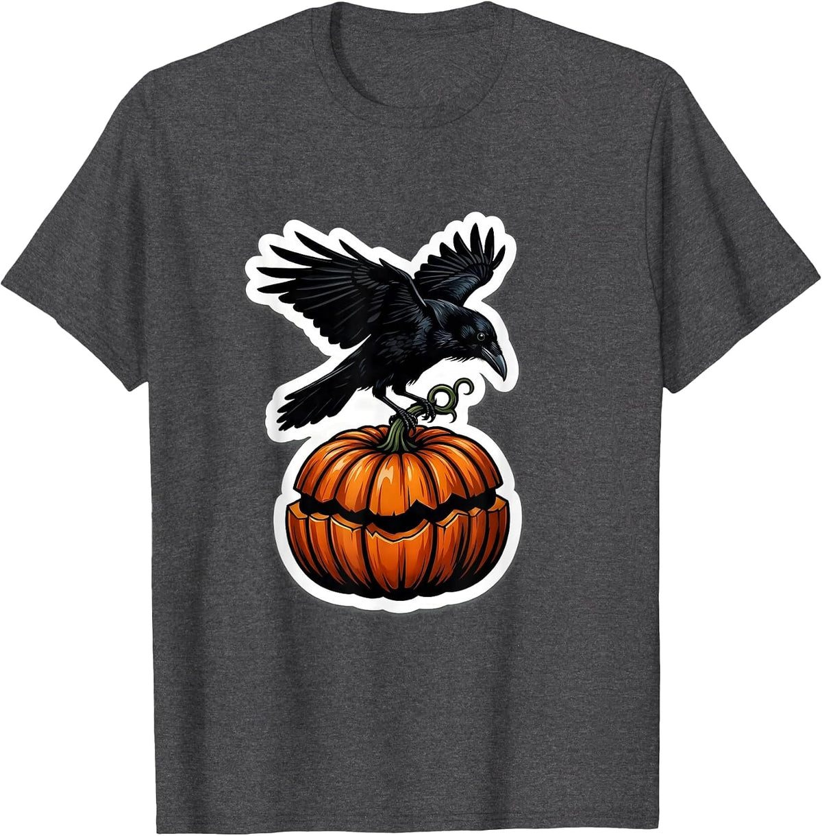 Crow Perched on Pumpkin Patch Fall Design T-Shirt - Dark Heather Grey