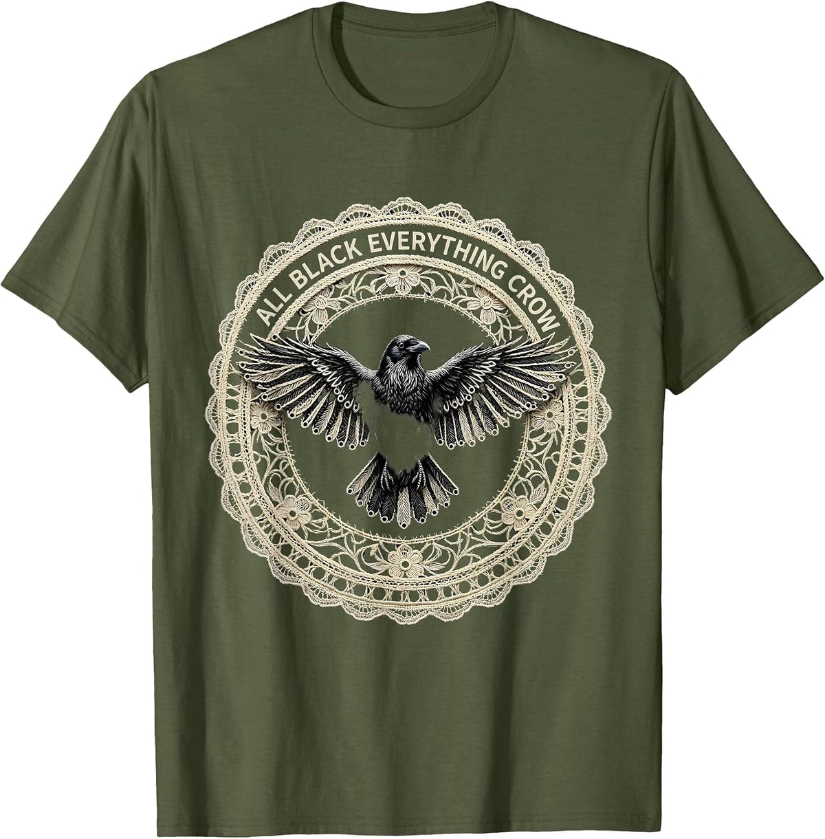 Men's All Black Everything Crow Graphic Design T-Shirt - Olive Green