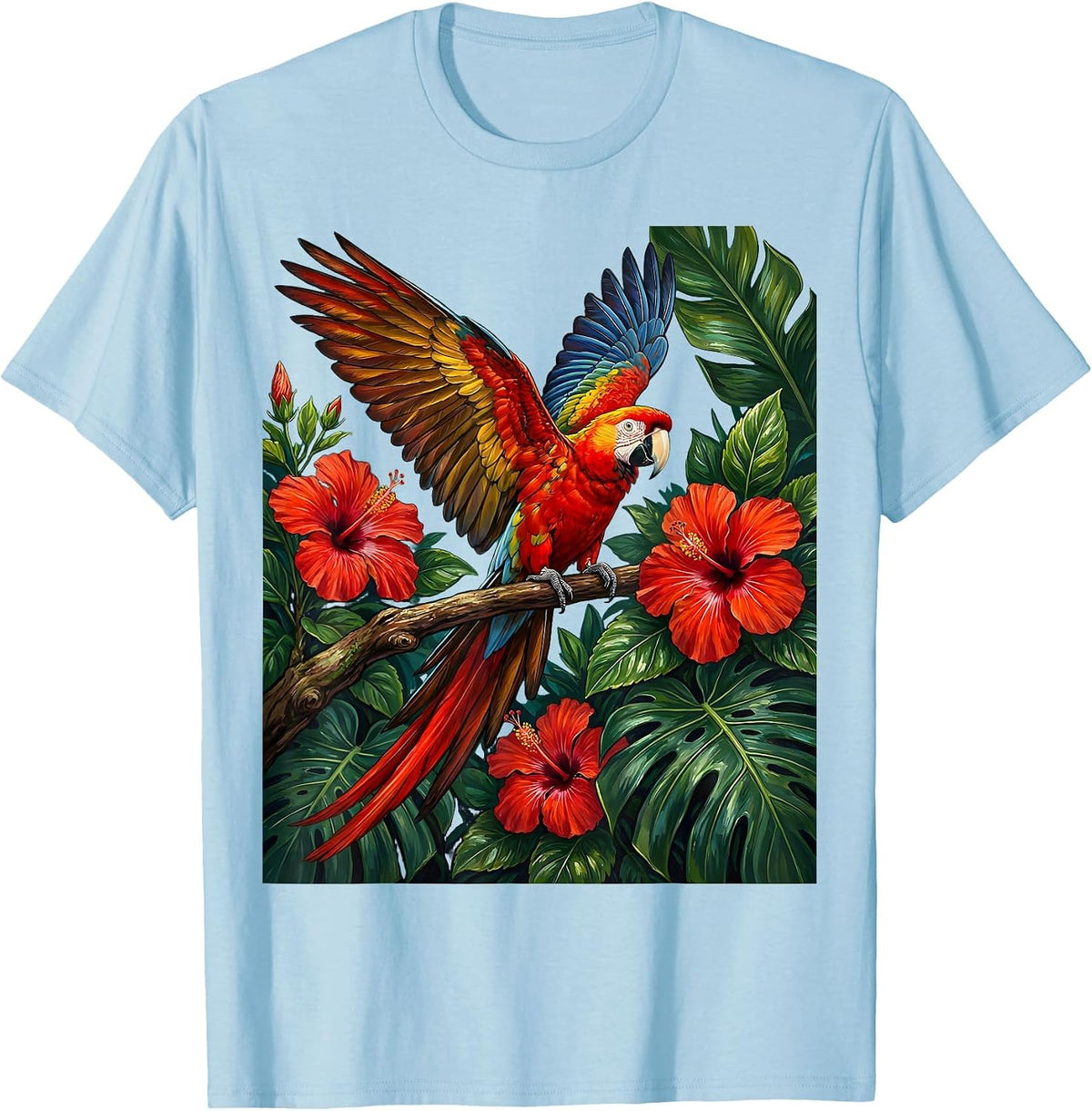 Men's Tropical Parrot Hibiscus Hawaiian Art Design T-Shirt - Baby Blue