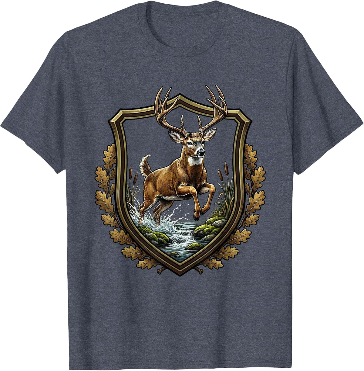 Men's Whitetail Buck Leaping Over Mossy Creek Camo T-Shirt - Heather Blue