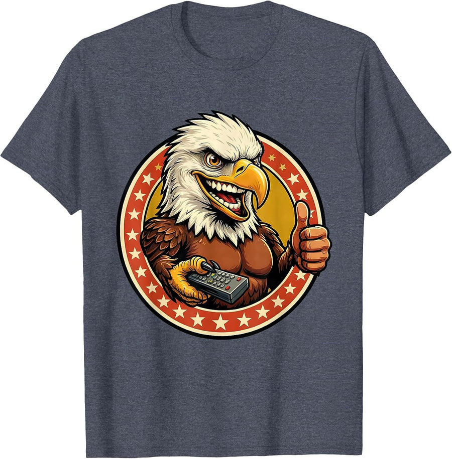 Bald Eagle TV Remote Funny Patriotic Design T-Shirt - Heather Blue