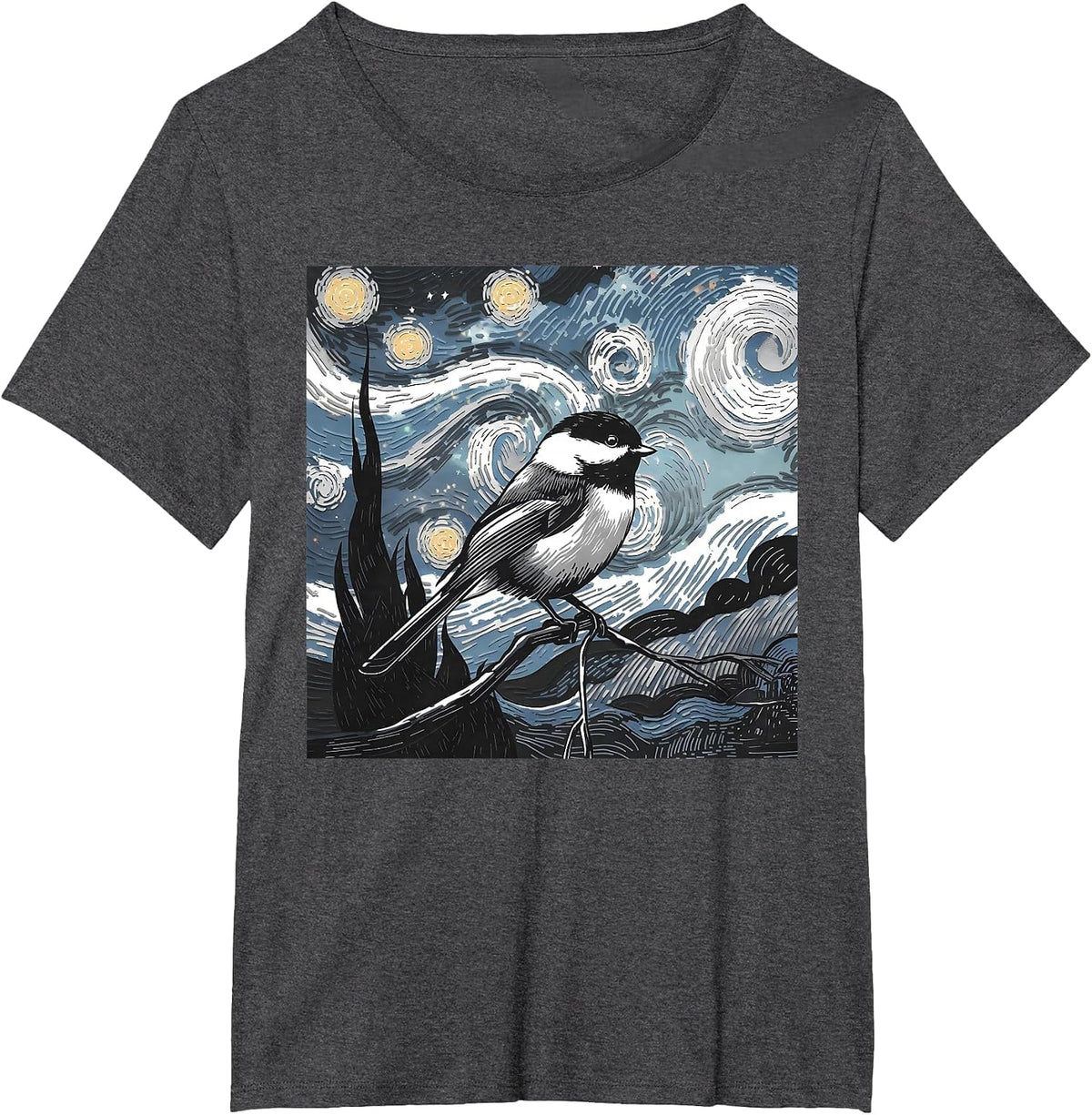 Black Capped Chickadee Bird Lover Starry Night Art Van Gogh T-Shirt - Dark Heather Grey