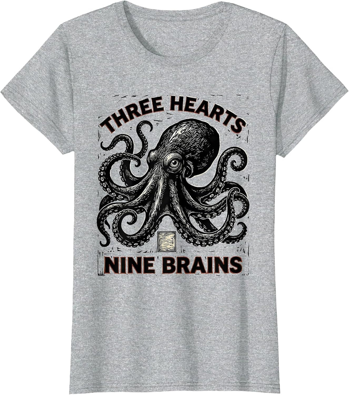 Three Hearts Nine Brains Linocut Octopus Ocean Lover Art T-Shirt - Heather Grey