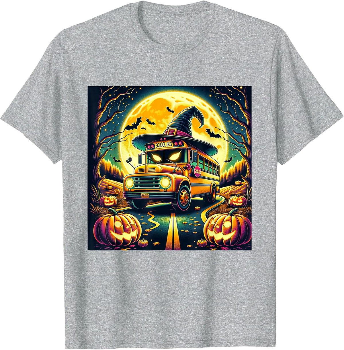 Vintage Halloween School Bus Witch Hat and Pumpkins Spooky T-Shirt - Heather Grey