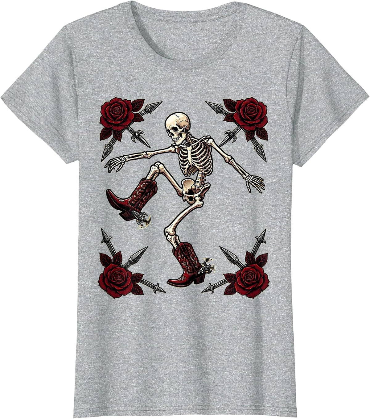 Women's Cowboy Boot Line Dancing Skeleton Graphic T-Shirt - Heather Grey