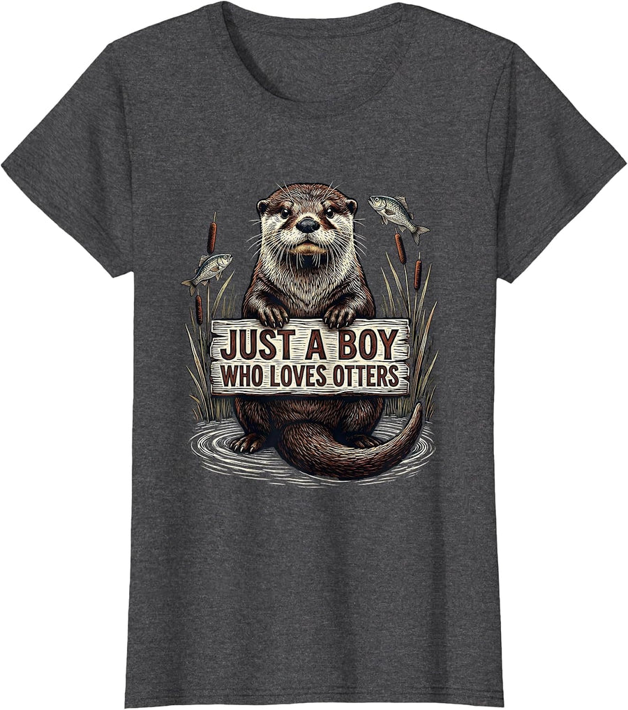 Women's Just A Boy Who Loves Otters Funny Otter Lover Gift For Kids T-Shirt - Dark Heather Grey