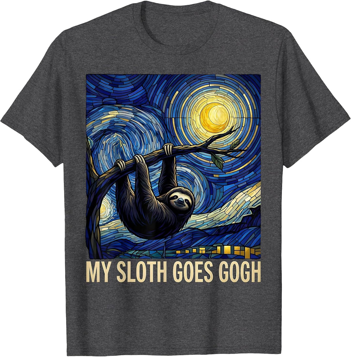 Men's My Sloth Goes Gogh Stained Glass Mosaic Animal Lover Gift T-Shirt - Dark Heather Grey