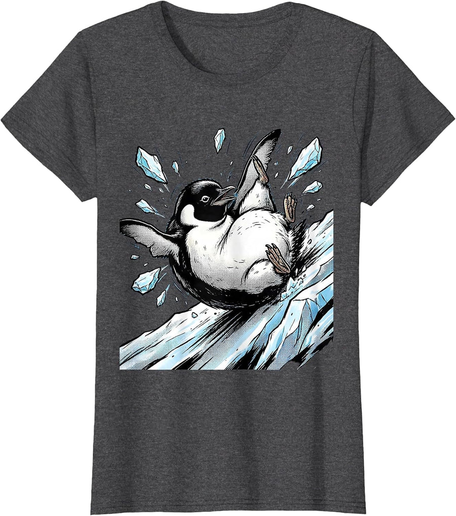 Women's Funny Penguin Wiping Out on Ice Slide T-Shirt - Dark Heather Grey