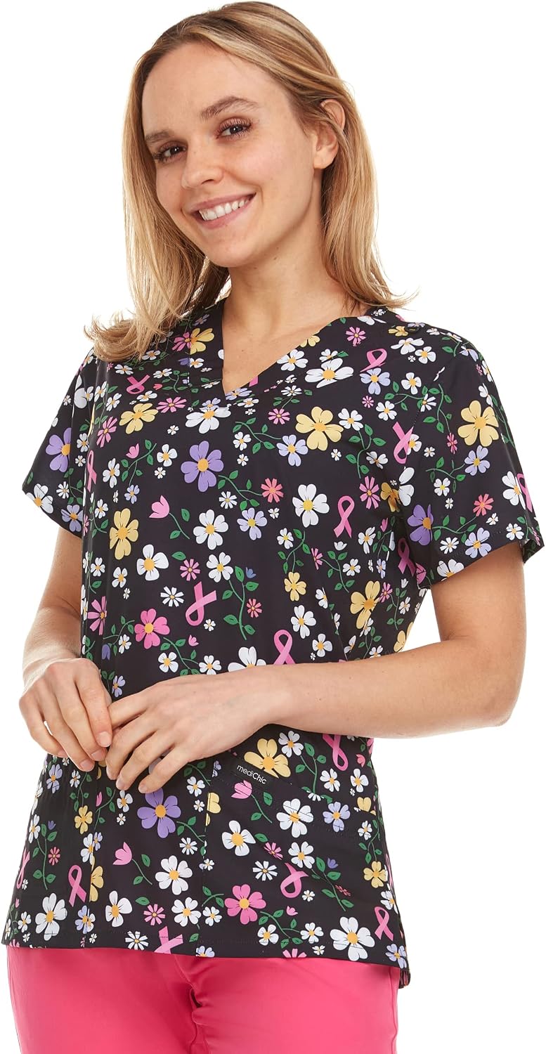 MediChic Women’s Stretch Printed Scrub Top – Fun & Friendly Patterns, Stretch Medical Scrubs V-Neck, Plus - 62-ribbon Floral