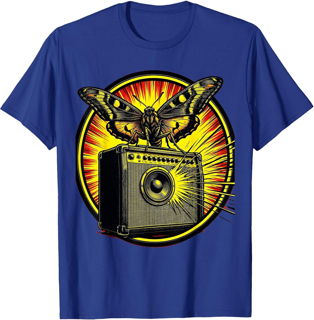 Moth and Amplifier Glow Rock Music Graphic T-Shirt - Royal Blue