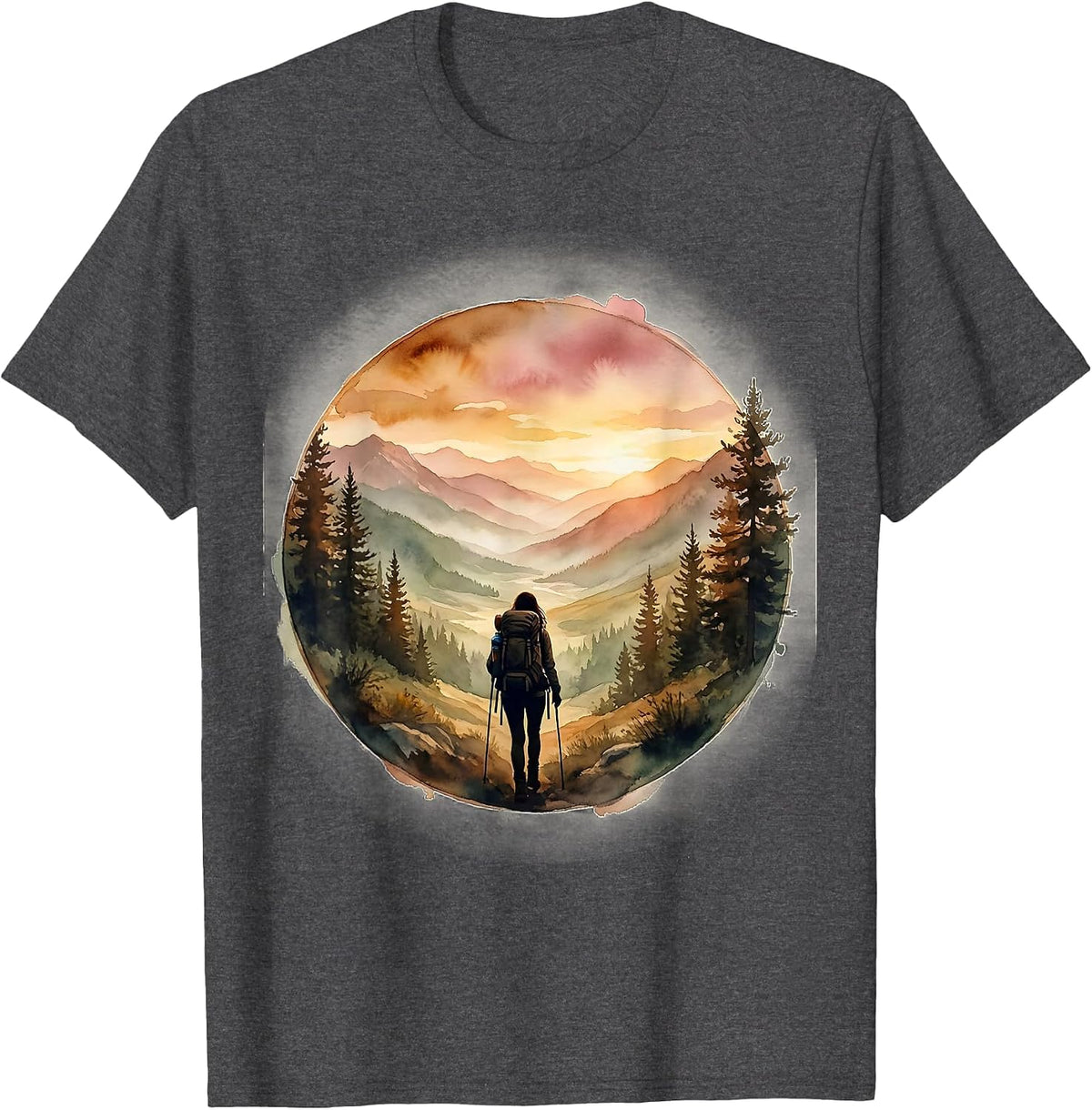Backpacker Sunset Valley Silhouette Hiking Design T-Shirt - Dark Heather Grey