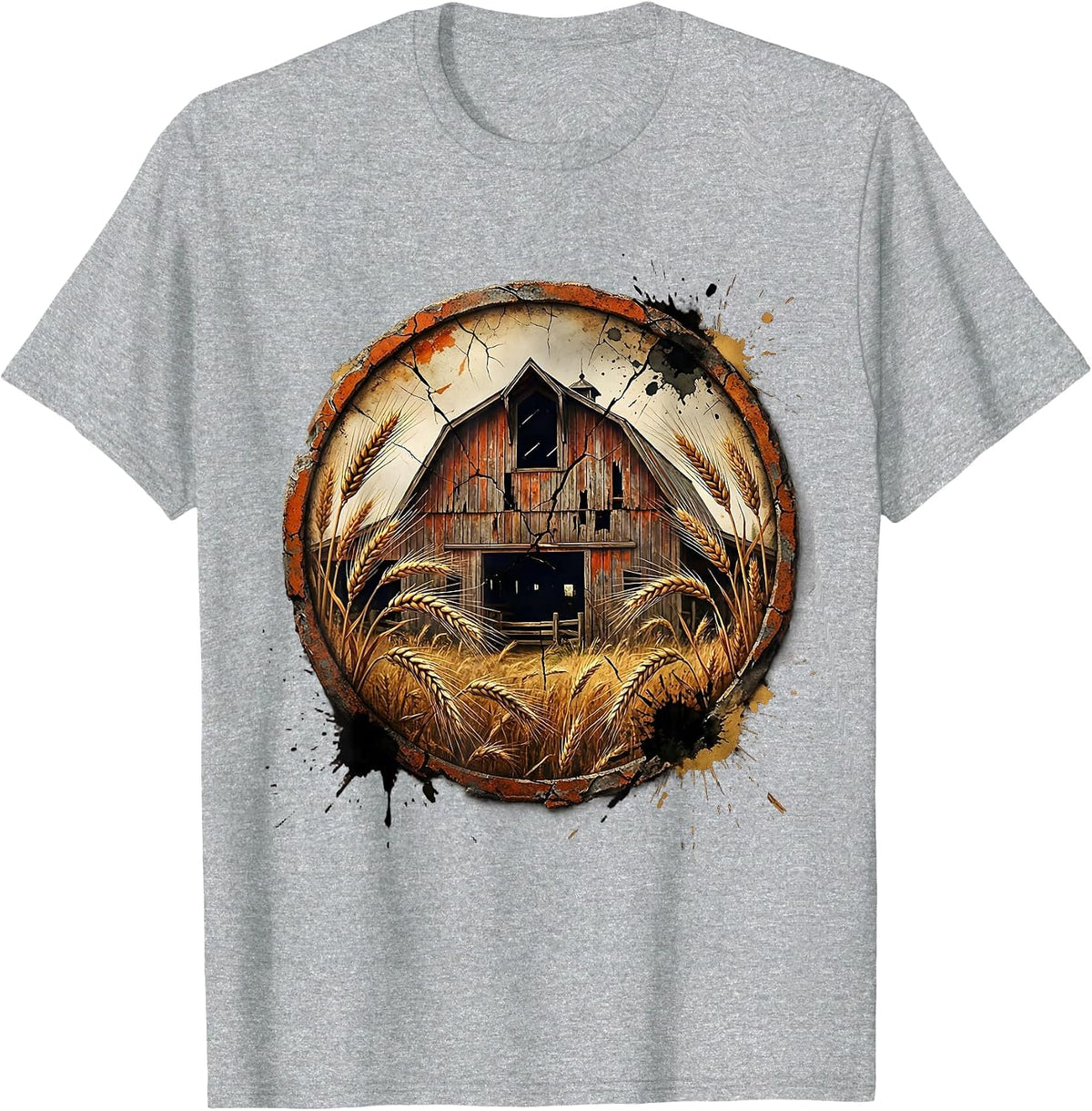 Men's Weathered Barn Wheat Field Rustic Farmland Art T-Shirt - Heather Grey