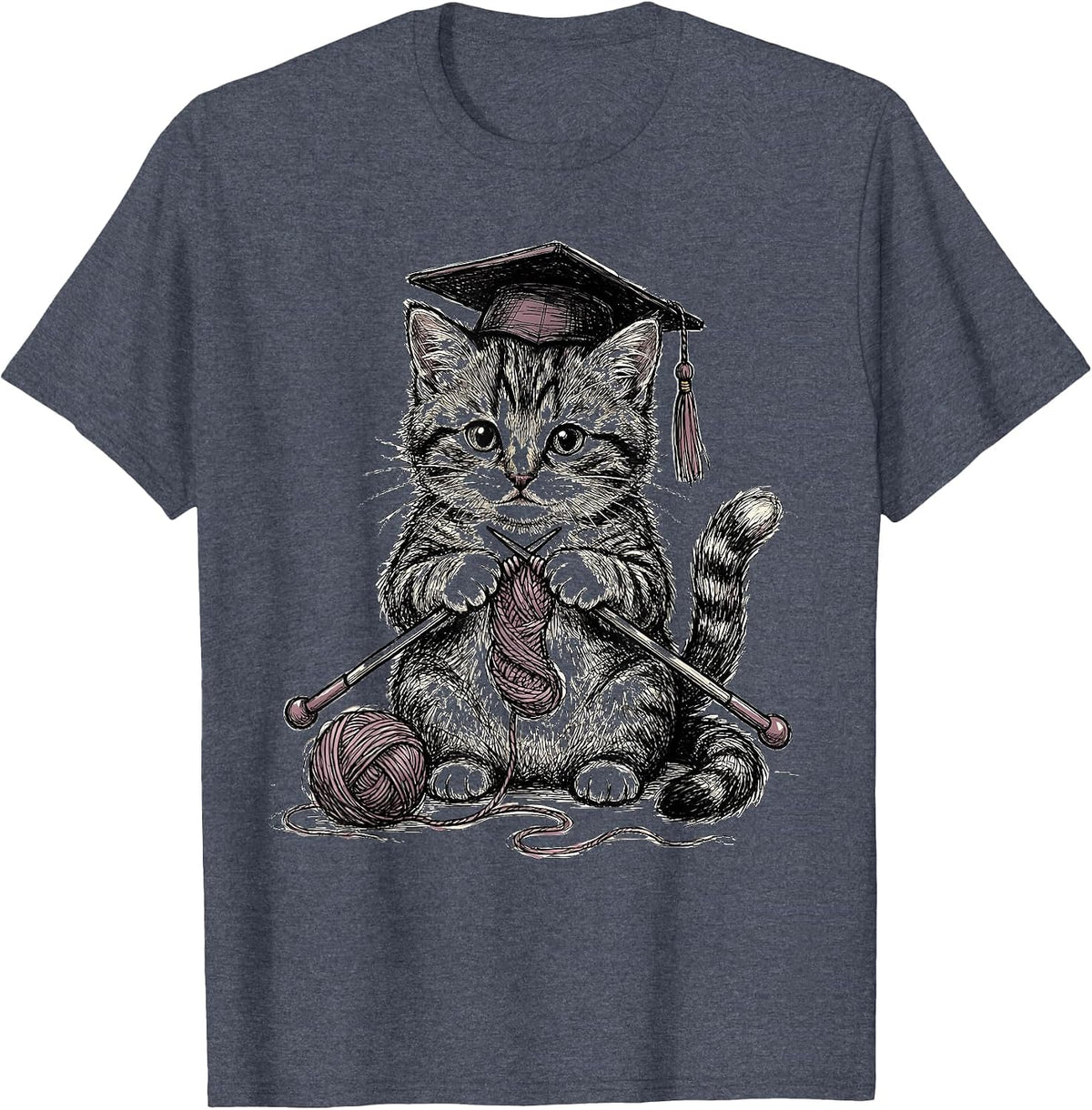 Cute Kitten Knitting Graduation Tassel Teacher T-Shirt - Heather Blue