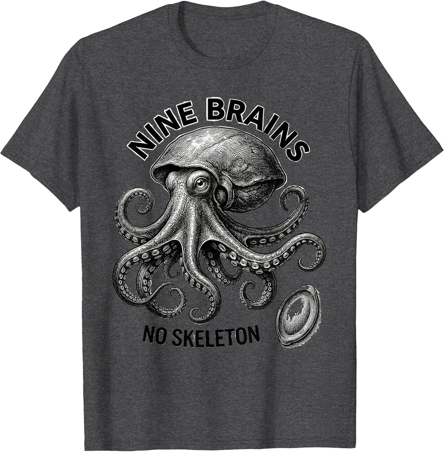 Men's Nine Brains No Skeleton Monochromatic Octopus Engraved Sea T-Shirt - Dark Heather Grey