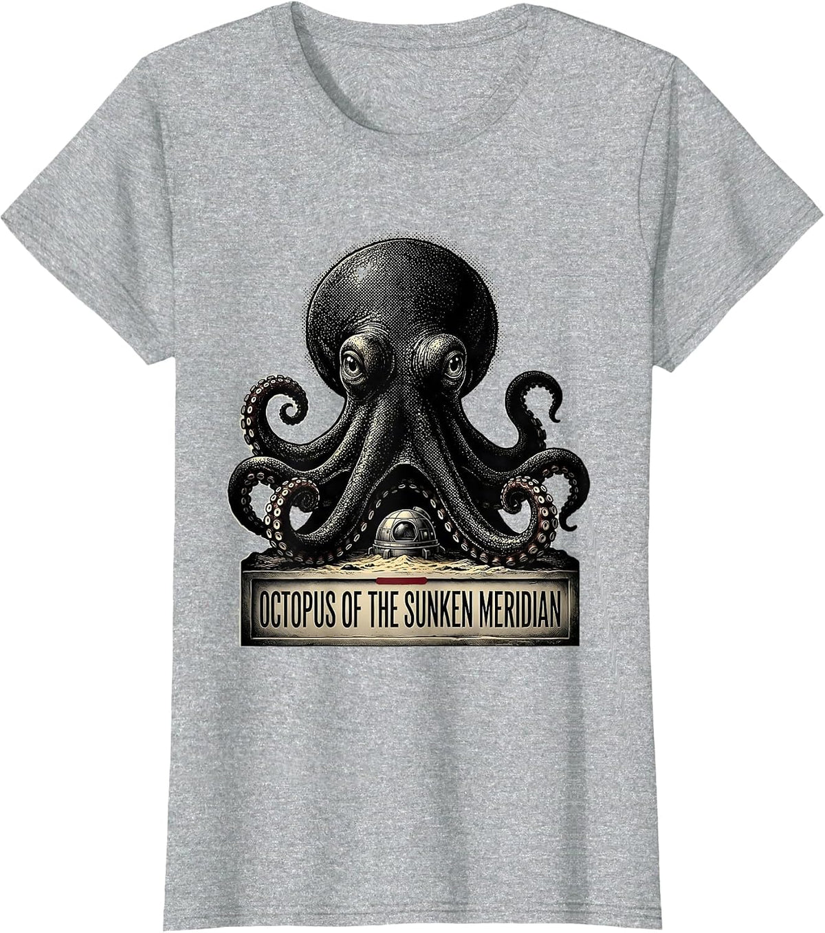Women's Octopus of the Sunken Meridian Blackwork Dotwork Ocean T-Shirt - Heather Grey