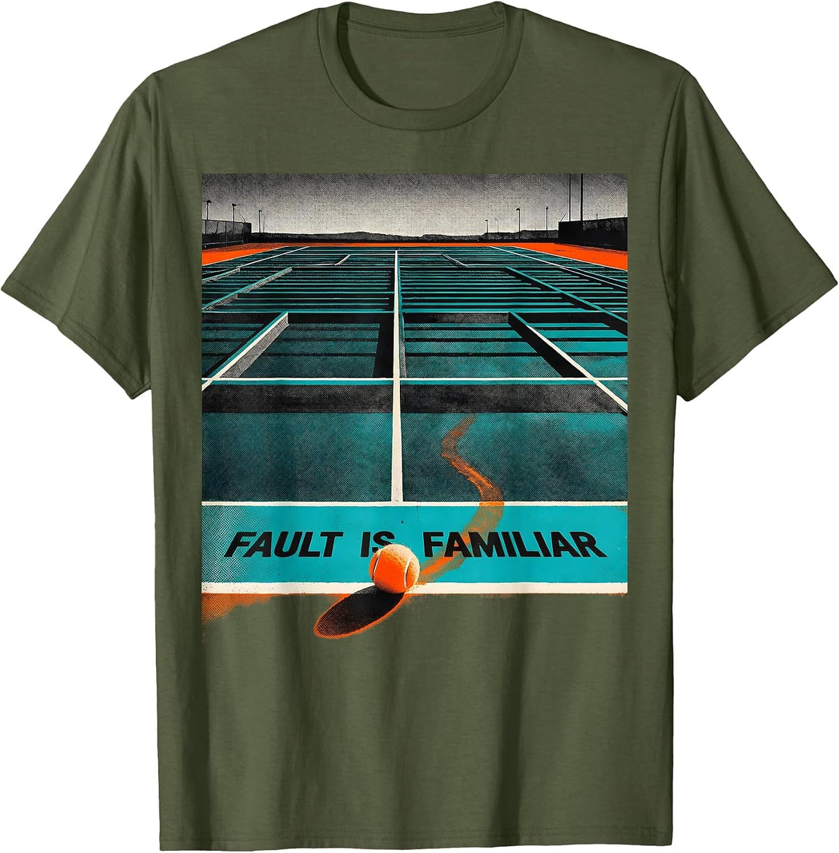 Fault Is Familiar Risograph Tennis Player Humor Gift T-Shirt - Olive Green