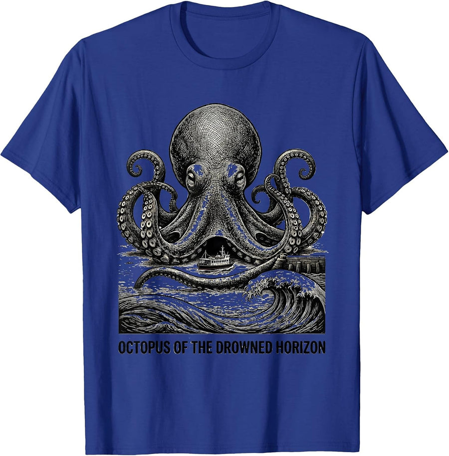 Octopus of the Drowned Horizon Monochromatic Ocean Animal T-Shirt - Royal Blue