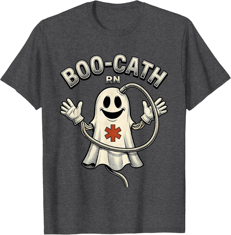 Men's Boo-Cath RN Funny Halloween Nurse Medical Humor T-Shirt - Dark Heather Grey