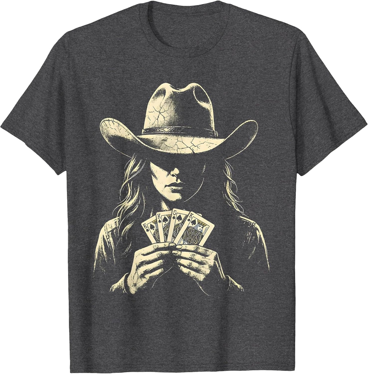 Western Poker Player Illustration Graphic Tee T-Shirt - Dark Heather Grey