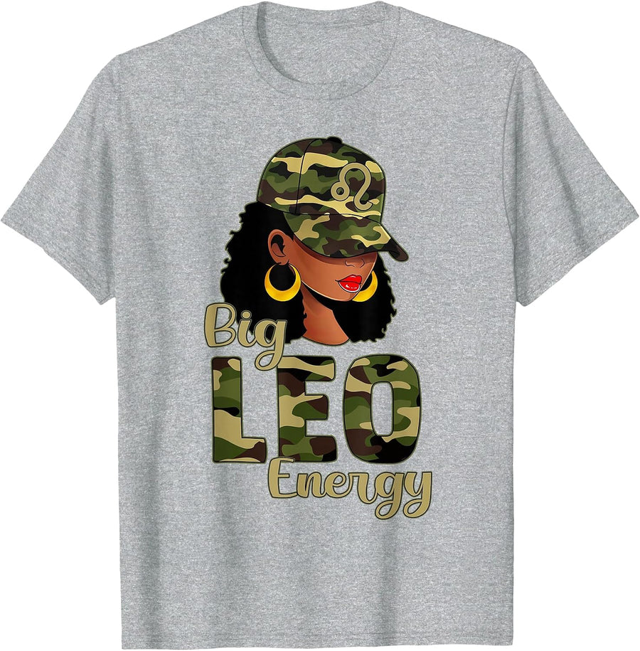 Big Leo Energy Black Woman Camo Cap Hat Zodiac Sign T-Shirt - Heather Grey
