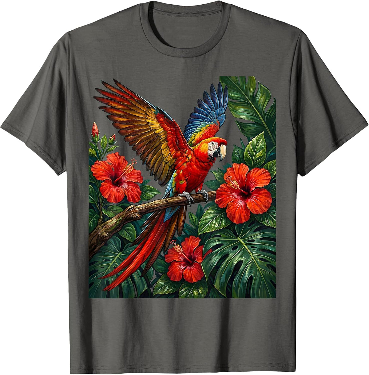 Men's Tropical Parrot Hibiscus Hawaiian Art Design T-Shirt - Asphalt Grey