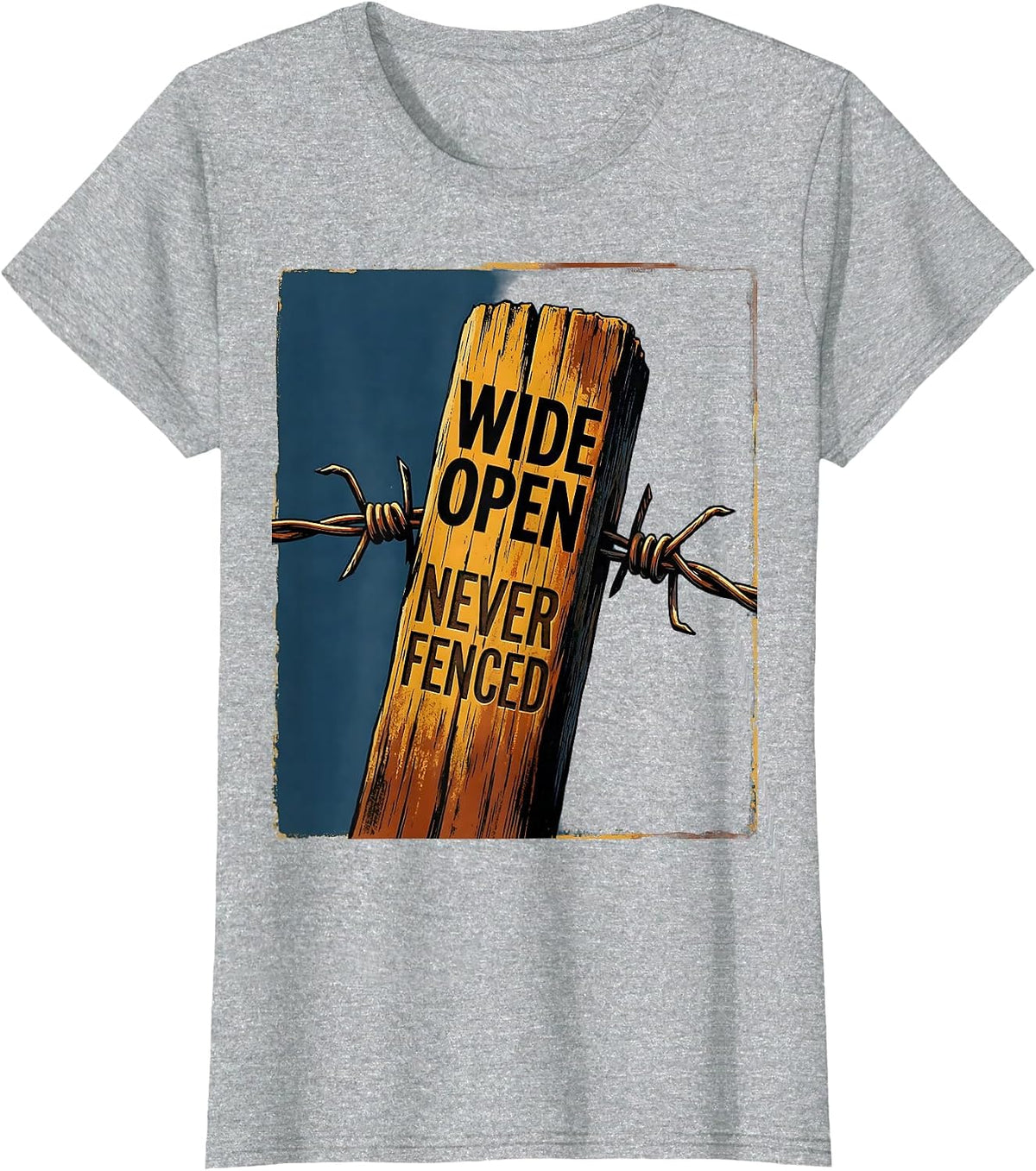 Wide Open Never Fenced Western Freedom Design T-Shirt - Heather Grey