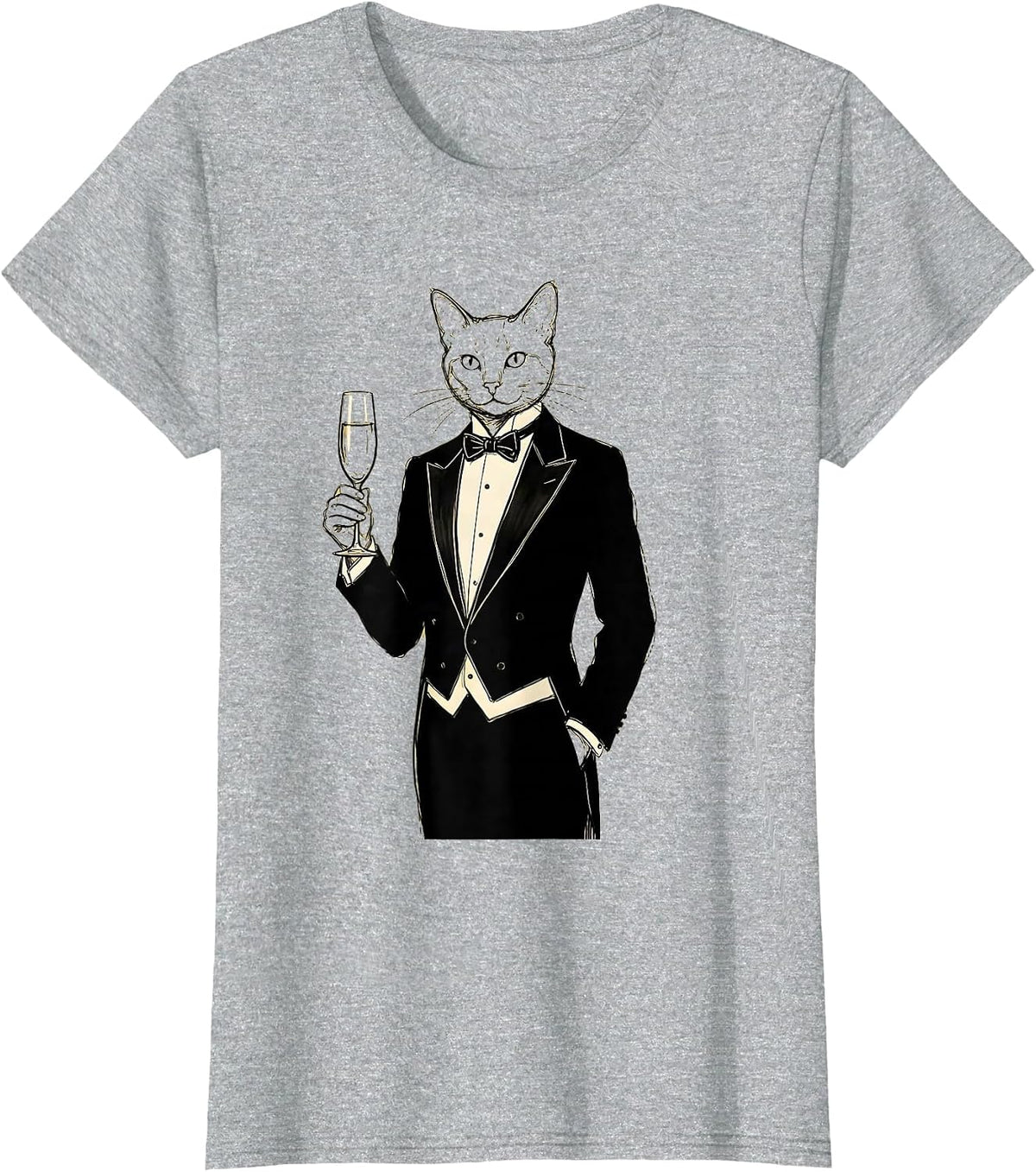 Fancy Cat in Tuxedo with Champagne Glass T-Shirt - Heather Grey