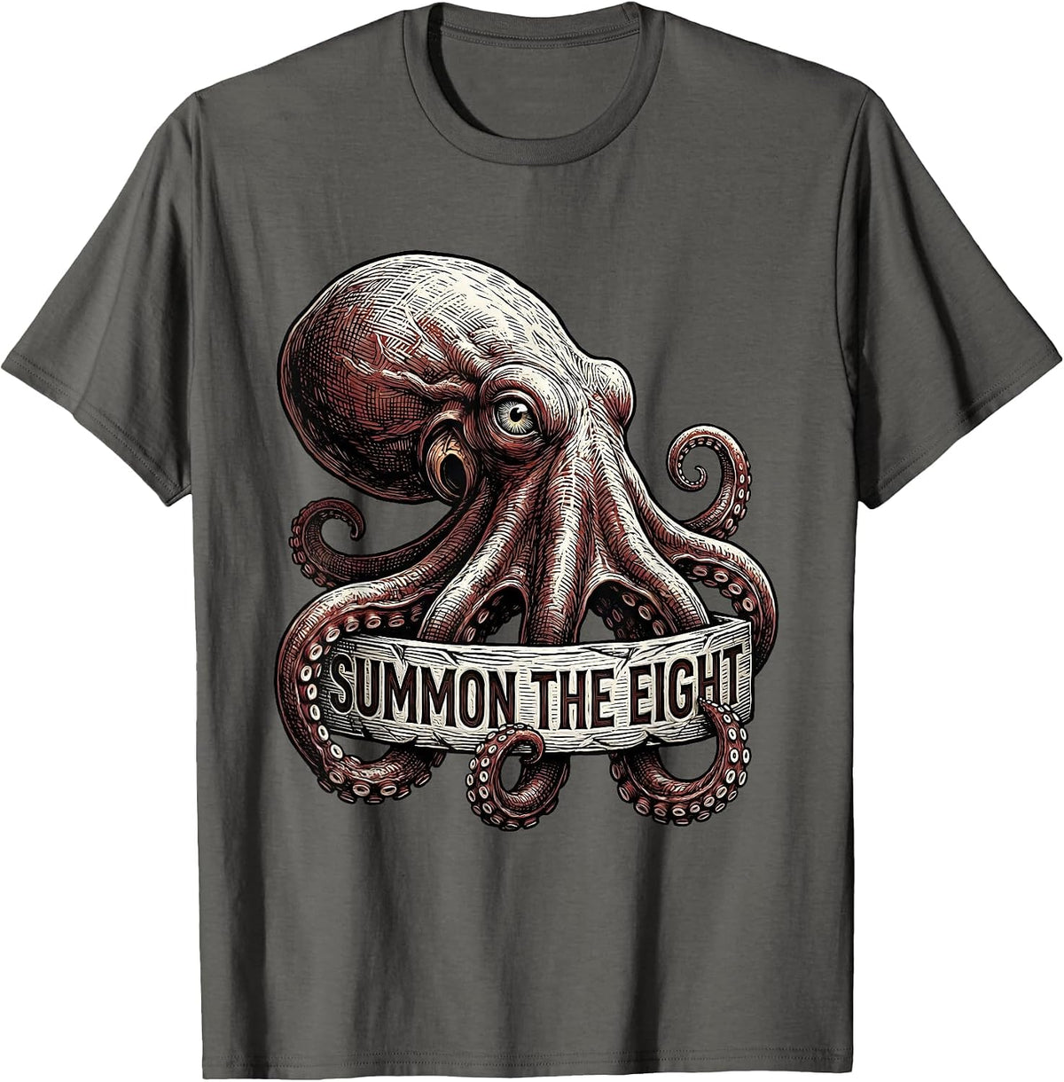 Summon The Eight Woodcut Octopus Sea Creature Illustration T-Shirt - Asphalt Grey