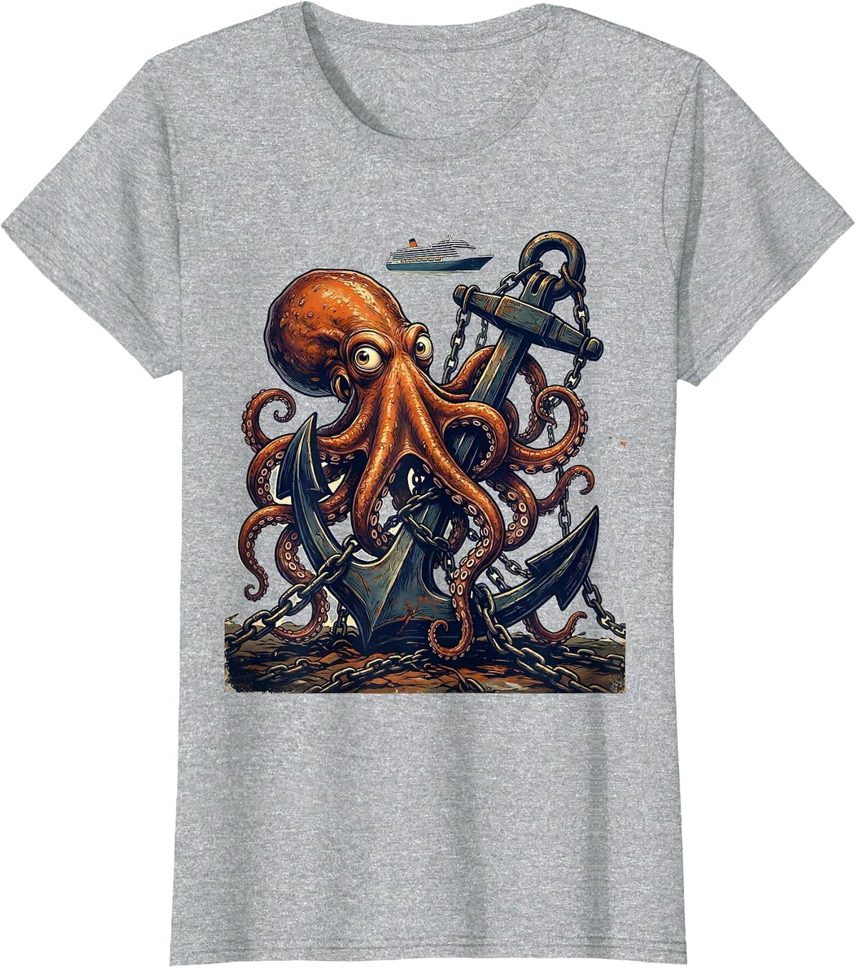 Funny Octopus Tangled in Cruise Ship Anchor T-Shirt - Heather Grey